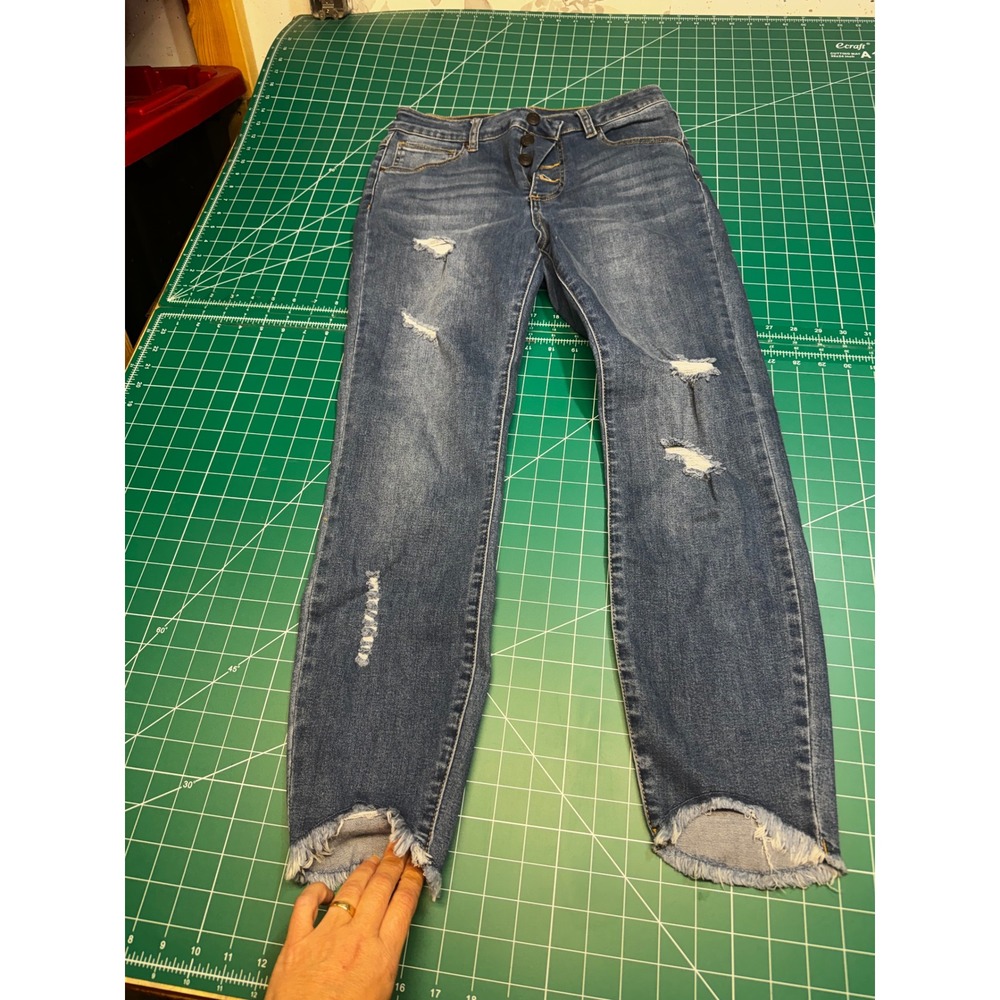 Grace & Lace Distressed Skinny Jeans Size 10 Medium Wash Button Fly Frayed Hem